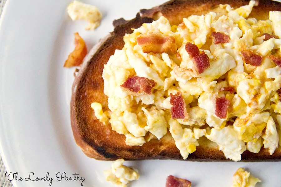 Toasted Portuguese Sweet Bread, Scrambled Eggs with Cheese, Bacon